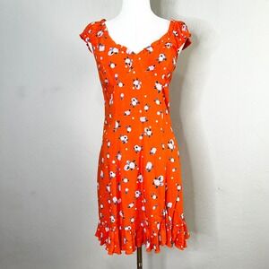Free People Orange Floral Print‎ Ruffle Cap Sleeve Open Back Mini Dress Size S